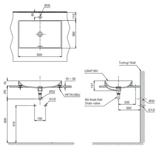 Chậu rửa lavabo đặt bàn TOTO LT4716G19 Linear Ceram (bộ thoát thải VM5D419V)