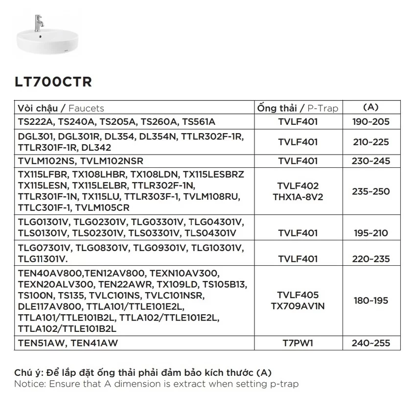 Chậu rửa lavabo đặt bàn TOTO LT700CTR 12 Chậu rửa lavabo đặt bàn TOTO LT700CTR