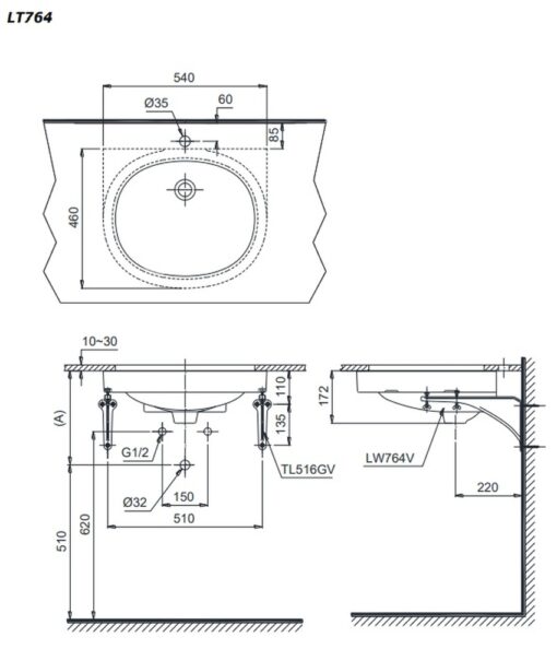 Chậu rửa mặt lavabo âm bàn TOTO LT764#XW