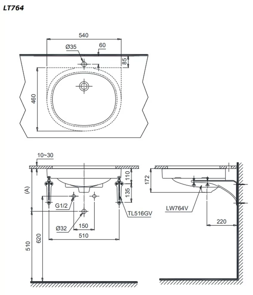 Chậu rửa mặt lavabo âm bàn TOTO LT764 17 Chậu rửa mặt lavabo âm bàn TOTO LT764