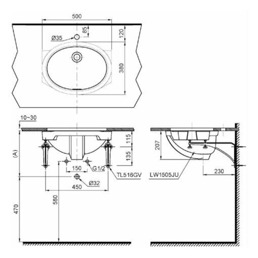 Chậu rửa mặt lavabo âm bàn TOTO LW1505V#XW TL516GV kèm giá đỡ
