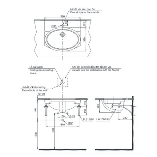 Chậu rửa mặt lavabo âm bàn TOTO LW1506V#XW