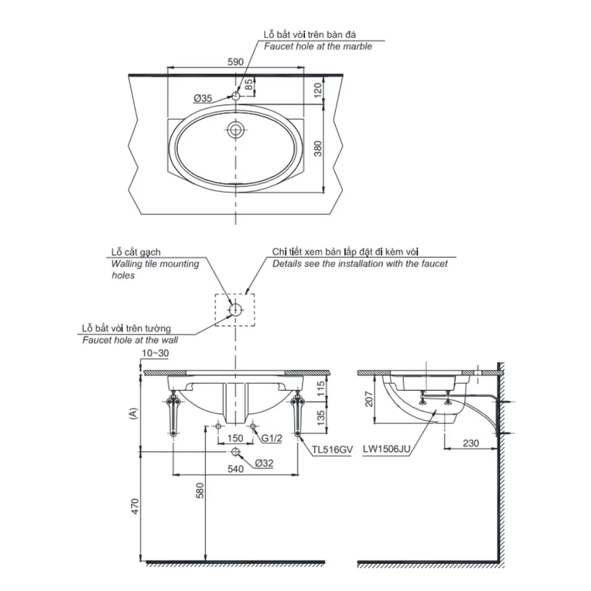 Chậu rửa mặt TOTO LW1506V Chậu rửa mặt Lavabo âm bàn TOTO LW1506V