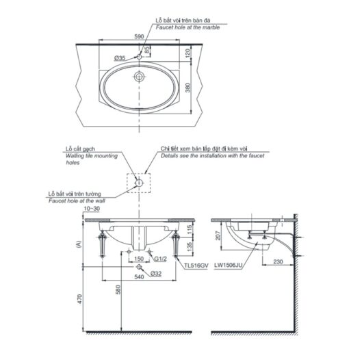 Chậu rửa mặt lavabo âm bàn TOTO LW1506V#XW TL516GV kèm giá đỡ