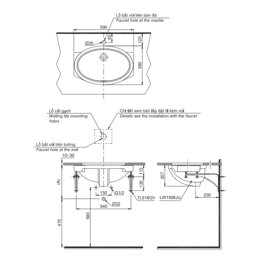 Chậu rửa mặt lavabo âm bàn TOTO LW1506V TL516GV kèm giá đỡ 10 Chậu rửa mặt lavabo âm bàn TOTO LW1506V#XW TL516GV kèm giá đỡ