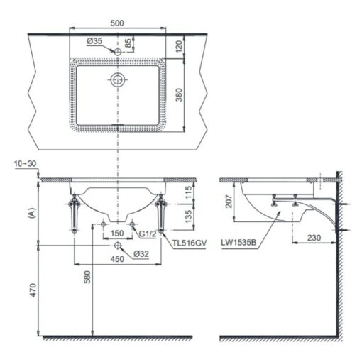 Chậu rửa mặt lavabo âm bàn TOTO LW1535V#XW TL516GV kèm giá đỡ