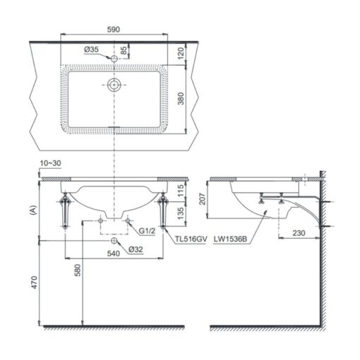 Chậu rửa mặt lavabo âm bàn TOTO LW1536V#XW TL516GV kèm giá đỡ