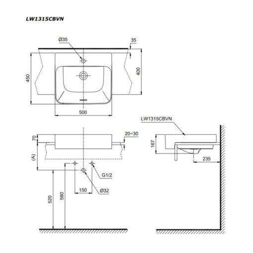 Chậu rửa mặt lavabo bán âm TOTO LW1315CBVN