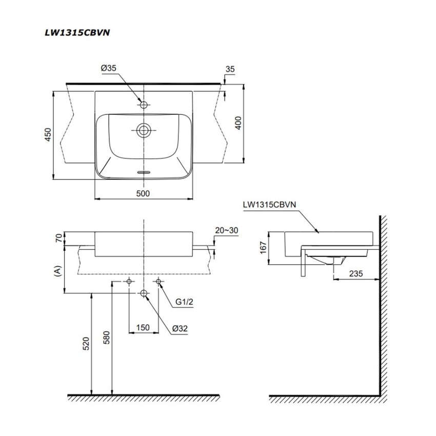 Chậu rửa mặt lavabo bán âm TOTO LW1315CBVN hình 2