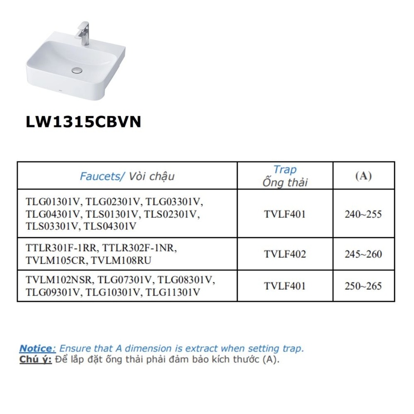 Chậu rửa mặt lavabo bán âm TOTO LW1315CBVN hình 3
