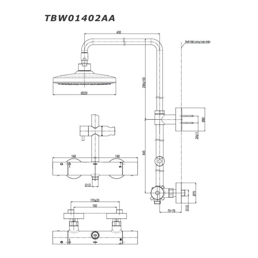 Sen cây nhiệt độ TOTO TBW01402AA dòng G (không xả bồn) 8 Sen cây nhiệt độ TOTO TBW01402AA dòng G (không xả bồn)