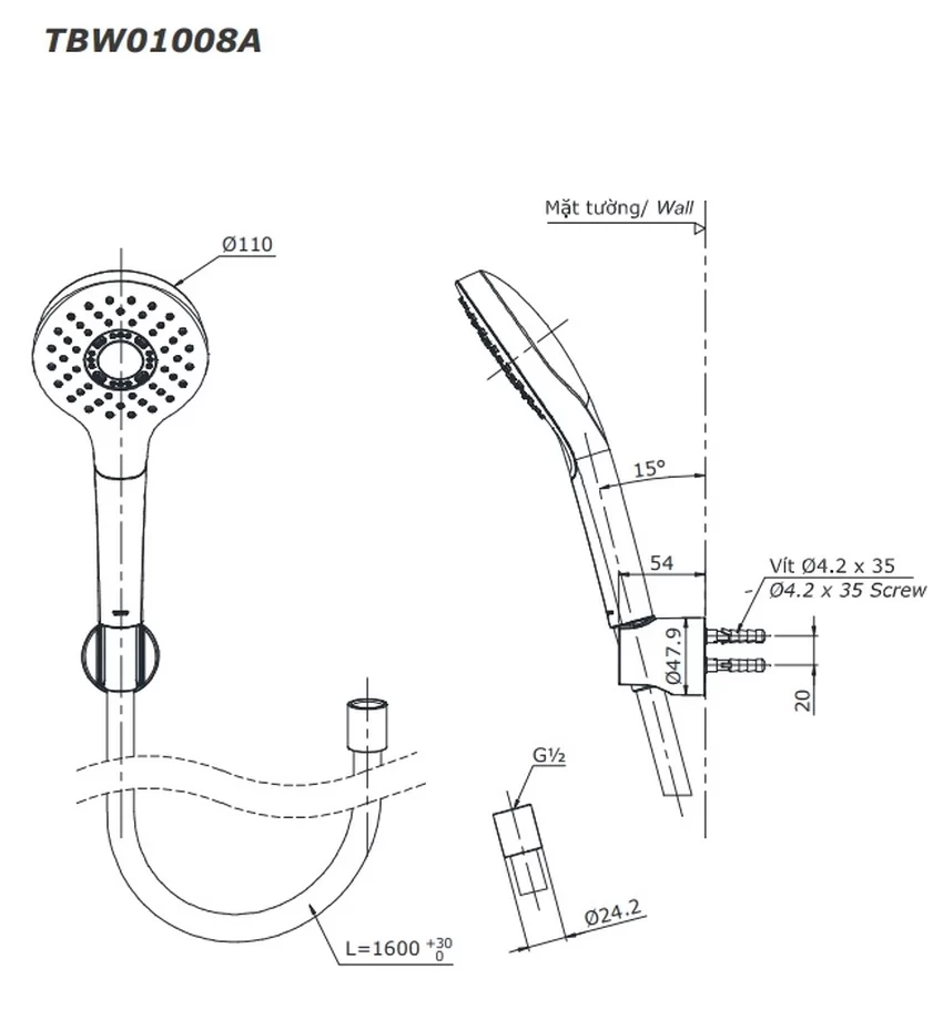 Tay sen tắm TOTO TBW01008A 4 Tay sen tắm TOTO TBW01008A
