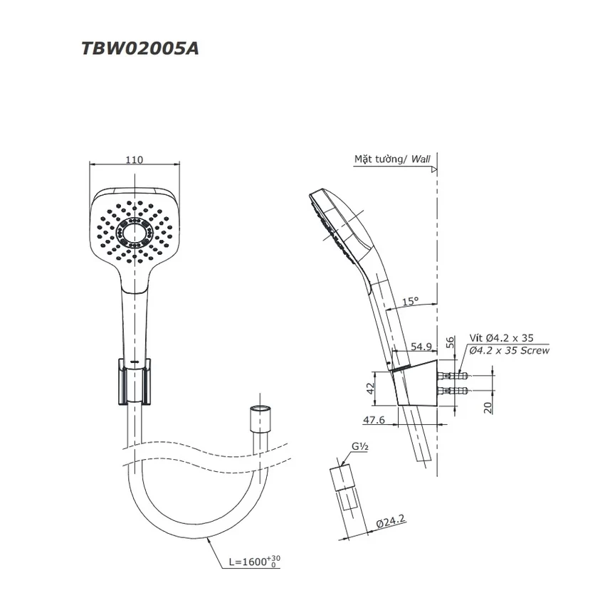 Tay sen tắm TOTO TBW02005A 7 Tay sen tắm TOTO TBW02005A