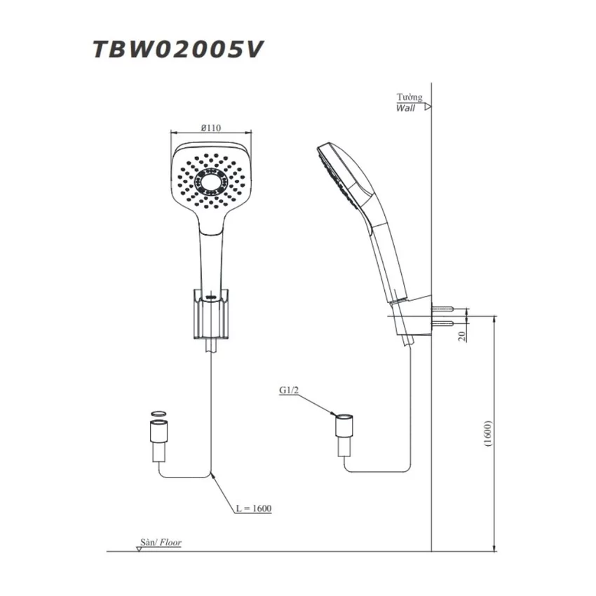 Tay sen tắm TOTO TBW02005V 4 Tay sen tắm TOTO TBW02005V