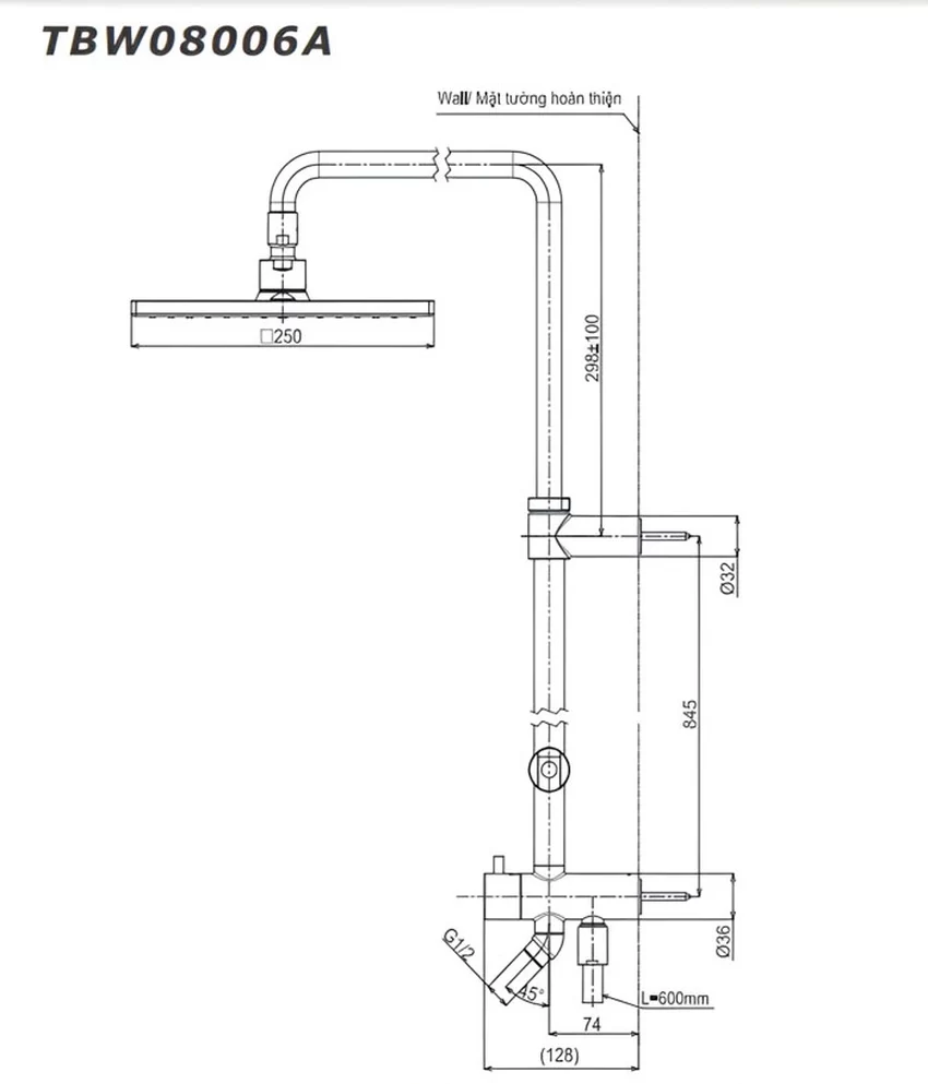 Thân sen cây TOTO TBW08006A dòng G dáng vuông 250mm 9 Thân sen cây TOTO TBW08006A dòng G dáng vuông 250mm