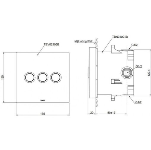 Van chuyển hướng 3 đường nước nút nhấn TOTO TBV02105B kèm phụ kiện âm tường TBN01001B