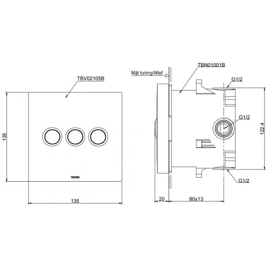 Van chuyển đổi dòng nước Van chuyển hướng 3 đường nước nút nhấn TOTO TBV02105B kèm phụ kiện âm tường TBN01001B