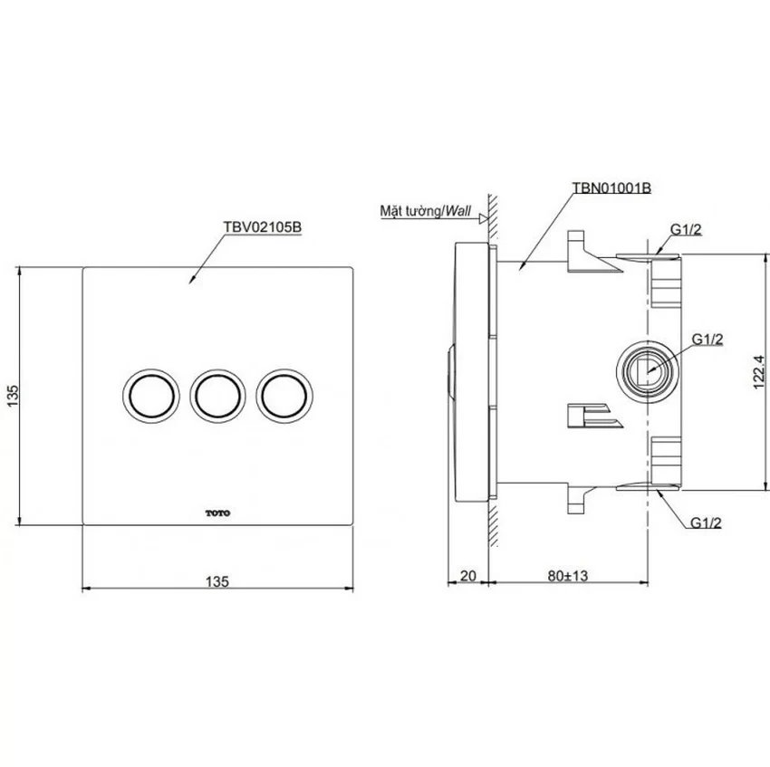 Van chuyển đổi dòng nước Van chuyển hướng 3 đường nước nút nhấn TOTO TBV02105B kèm phụ kiện âm tường TBN01001B