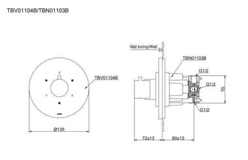 Van chuyển hướng 3 đường nước TOTO TBV01104B kèm phụ kiện âm tường TBN01103B