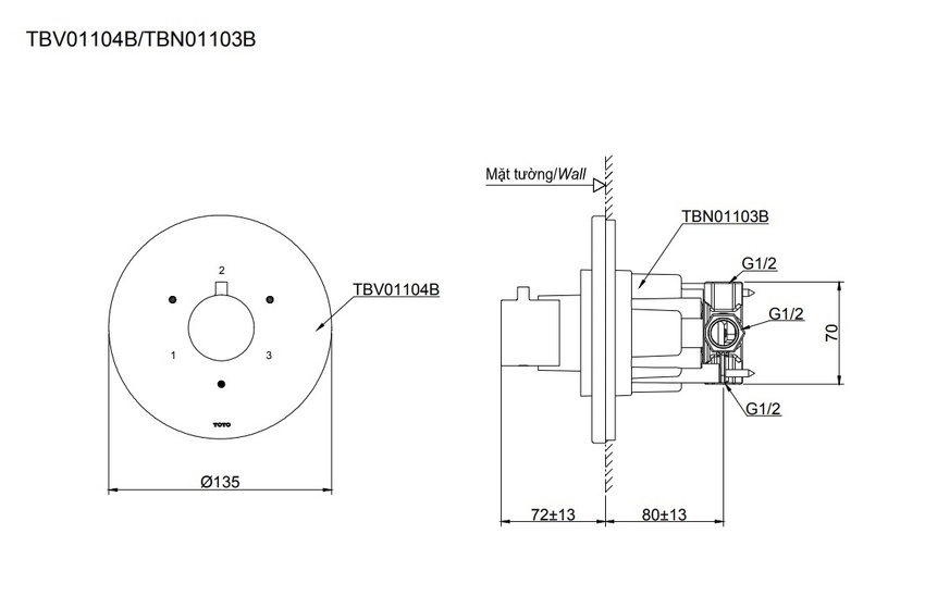 Van chuyển hướng 3 đường nước TOTO TBV01104B Van chuyển hướng 3 đường nước TOTO TBV01104B kèm phụ kiện âm tường TBN01103B - TBV01104B/TBN01103B