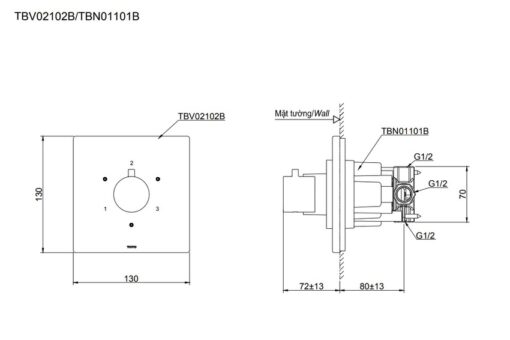 Van chuyển hướng 3 đường nước TOTO TBV02102B kèm phụ kiện âm tường TBN01101B