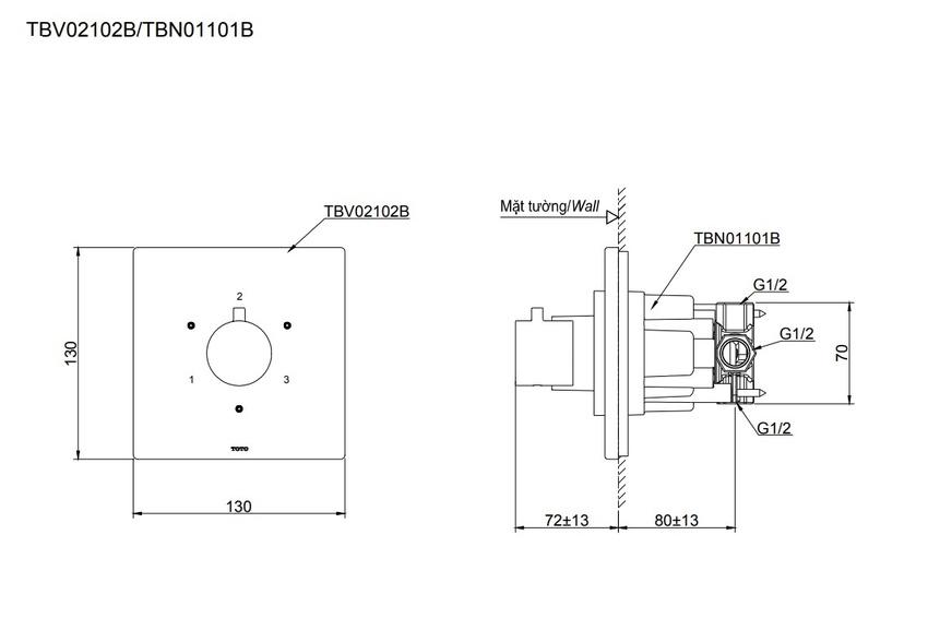 Van chuyển hướng 3 đường nước TOTO TBV02102B kèm phụ kiện âm tường TBN01101B 7 Thiết kế sản phẩm van chuyển hướng TOTO TBV02102B