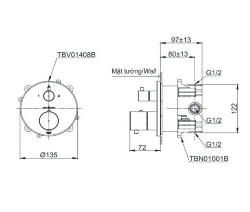 Van điều chỉnh nhiệt độ kèm nút chuyển hướng và phụ kiện âm tường TOTO TBV01408B TBN01001B