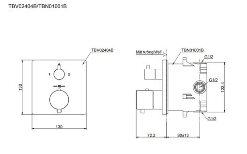 Van điều chỉnh nhiệt độ kèm van chuyển hướng (2đn) TOTO TBV02404B kèm phụ kiện âm tường TBN01001B