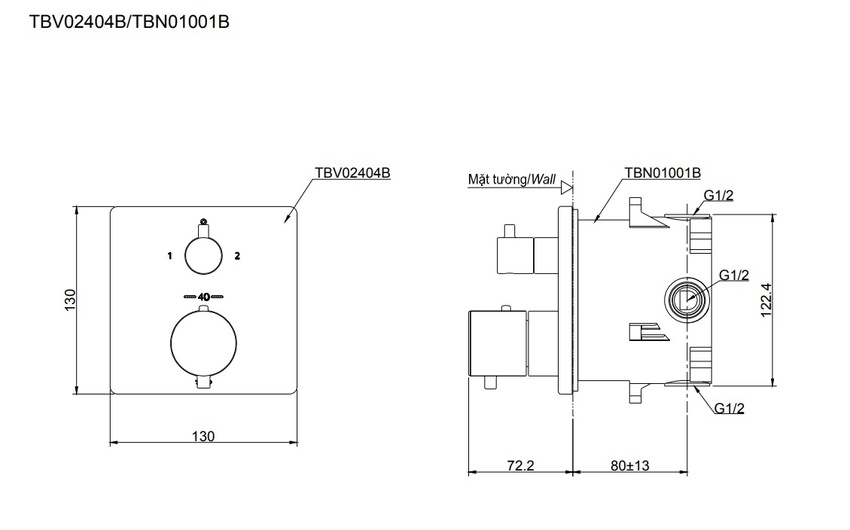 TBV02404B/TBN01001B - Sản phẩm tại Hải Yến Home Bộ phụ kiện âm tường TBN01001B và van TOTO
