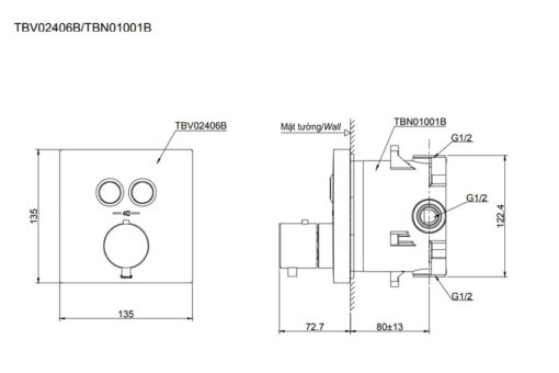 Van điều chỉnh nhiệt độ kèm van chuyển hướng (2 đn) TOTO TBV02406B kèm phụ kiện âm tường TBN01001B