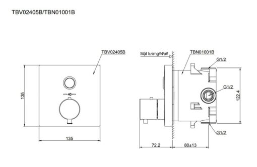 Van điều chỉnh nhiệt độ kèm van dừng TOTO TBV02405B kèm phụ kiện âm tường TBN01001B