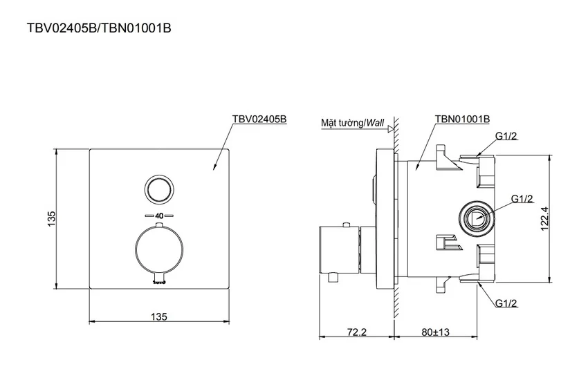 Van điều chỉnh nhiệt độ kèm van dừng TOTO TBV02405B/TBN01001B Van điều chỉnh nhiệt độ kèm van dừng TOTO TBV02405B/TBN01001B