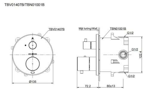 Van điều chỉnh nhiệt độ kèm van dừng và phụ kiện âm tường TOTO TBV01407B TBN01001B