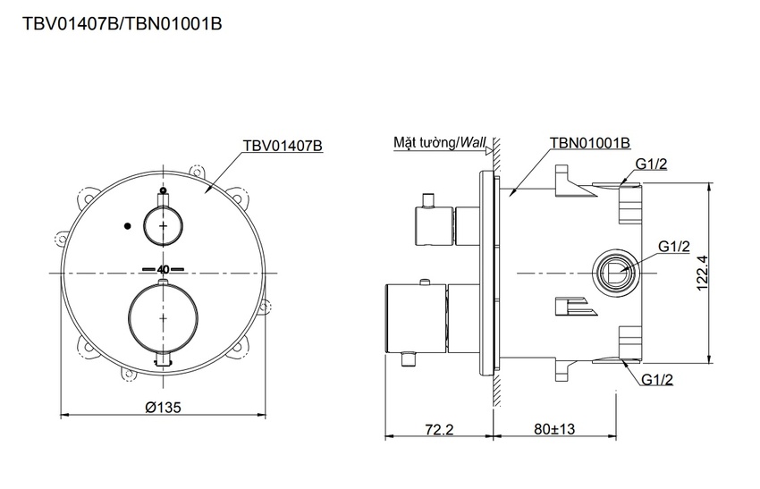Van và phụ kiện âm tường TOTO TBV01407B/TBN01001B Van và phụ kiện âm tường trong phòng tắm