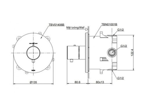 Van điều chỉnh nhiệt độ TOTO TBV01406B kèm phụ kiện âm tường TBN01001B