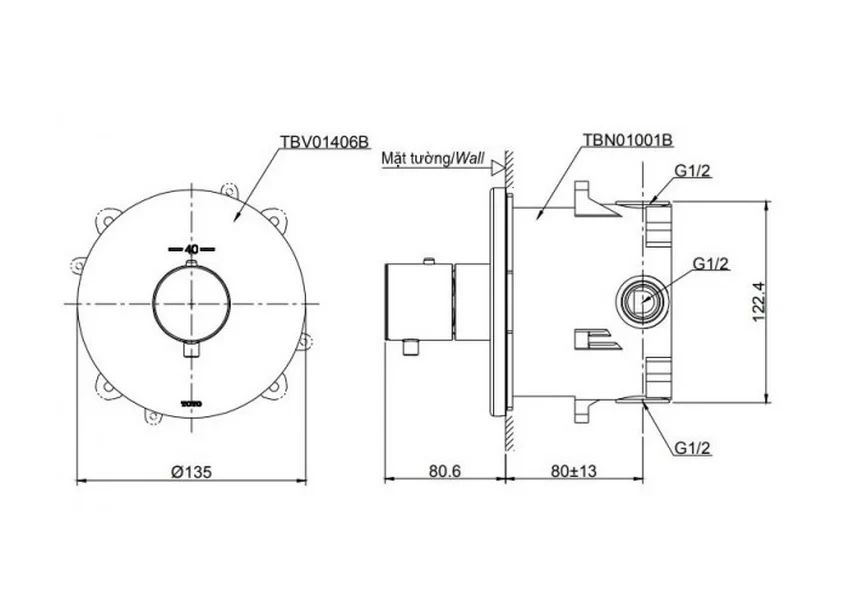 Thiết kế âm tường TOTO - SKU: TBV01406B/TBN01001B Thiết kế âm tường TOTO