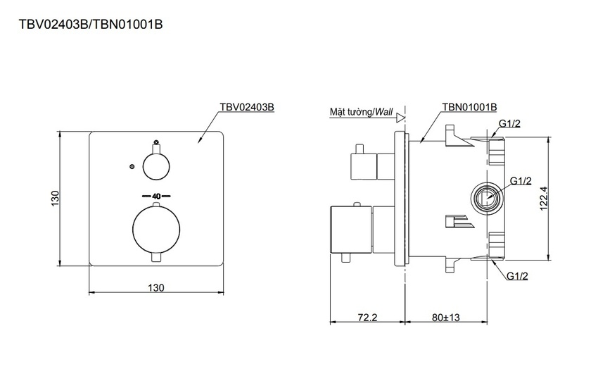 TOTO TBV02403B với phụ kiện âm tường TBN01001B - SKU: TBV02403B/TBN01001B TOTO TBV02403B với phụ kiện âm tường TBN01001B