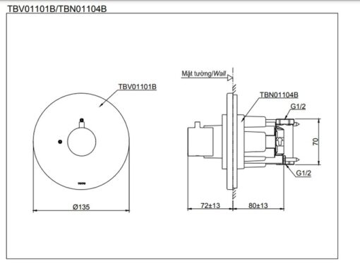 Van dừng TOTO TBV01101B kèm phụ kiện âm tường TBN01104B