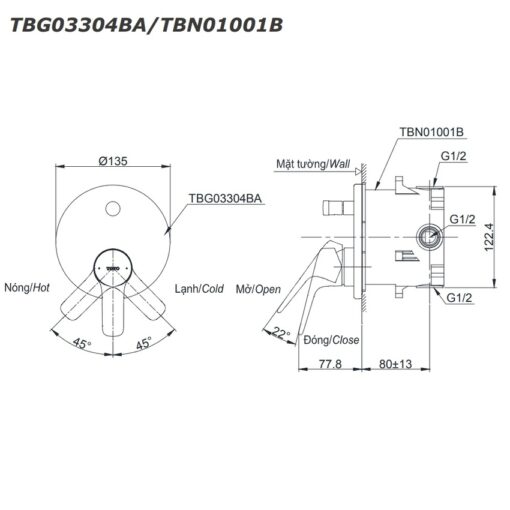 Van gật gù điều chỉnh nóng lạnh âm tường TOTO TBG03304BA TBN01001B