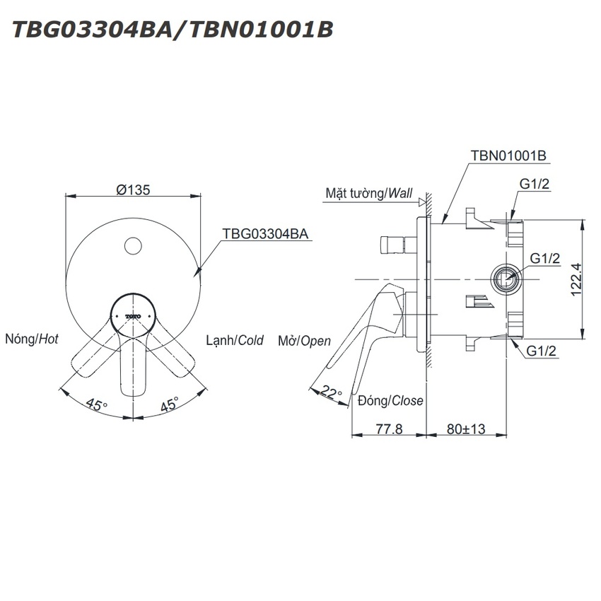 TBG03304BA/TBN01001B Van gật gù điều chỉnh nóng lạnh âm tường TOTO TBG03304BA TBN01001B Thứ 2