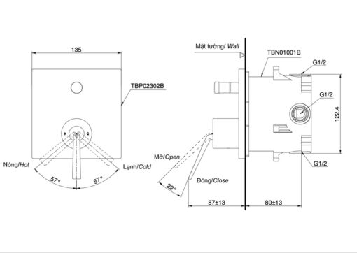 Van gật gù điều chỉnh nóng lạnh kèm nút chuyển hướng và phụ kiện âm tường TOTO TBP02302BA TBN01001B