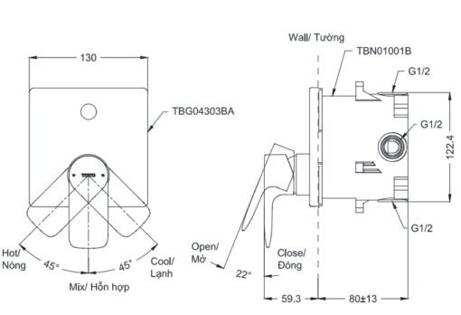 Van gật gù điều chỉnh nóng lạnh GA kèm phụ kiện âm tường TOTO TBG04303BA TBN01001B