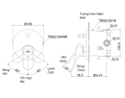 Van gật gù điều chỉnh nóng lạnh kèm nút chuyển hướng TOTO TBG01304BA