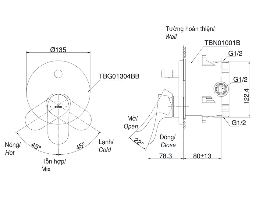 Van gật gù điều chỉnh nóng lạnh kèm nút chuyển hướng TOTO TBG01304BA 14 Van gật gù TOTO TBG01304BA - Đẳng cấp trong từng chi tiết