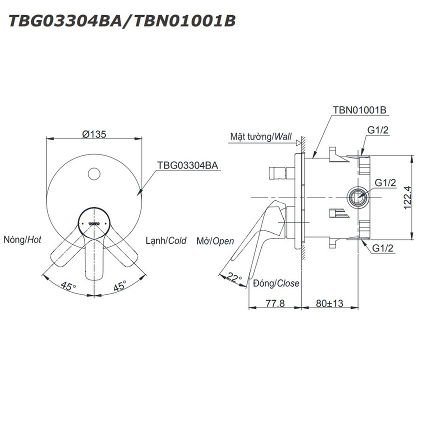 Van gật gù điều chỉnh nóng lạnh TOTO TBG03304BA Van gật gù điều chỉnh nóng lạnh TOTO TBG03304BA - Hình 3