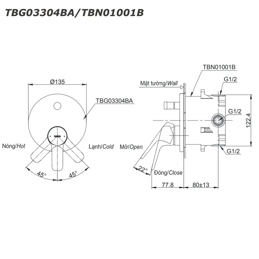 Van gật gù điều chỉnh nóng lạnh TOTO TBG03304BA Van gật gù điều chỉnh nóng lạnh TOTO TBG03304BA - Hình 3