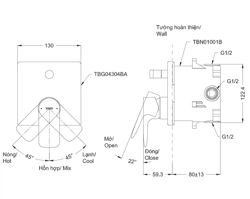 Van gật gù điều chỉnh nóng lạnh kèm nút chuyển hướng TOTO TBG04304BA 8 Van gật gù điều chỉnh nóng lạnh kèm nút chuyển hướng TOTO TBG04304BA