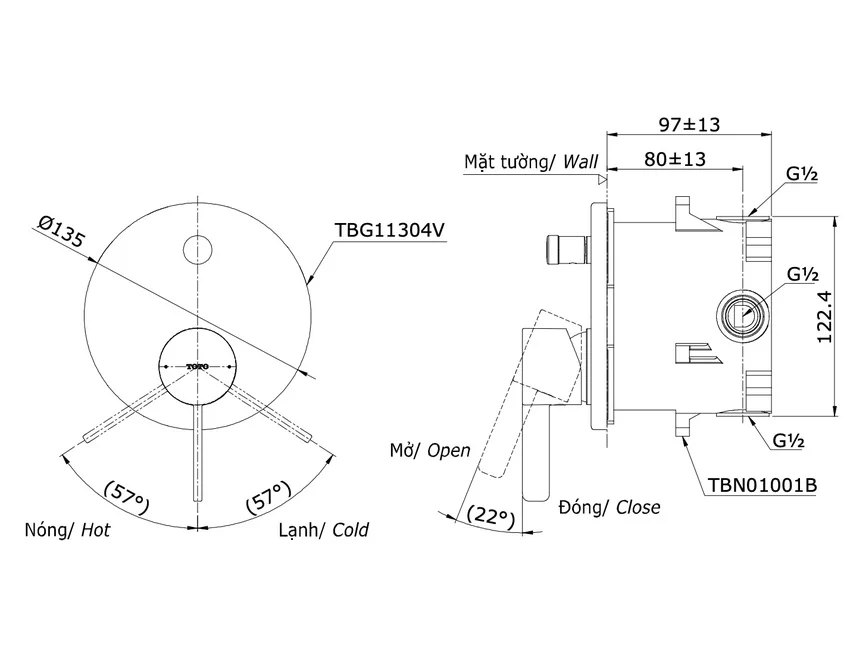 Van gật gù điều chỉnh nóng lạnh kèm nút chuyển hướng TOTO TBG11304VA 5 Van gật gù điều chỉnh nóng lạnh kèm nút chuyển hướng TOTO TBG11304VA