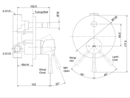 Van gật gù điều chỉnh nóng lạnh kèm nút chuyển hướng TOTO TBS02304B