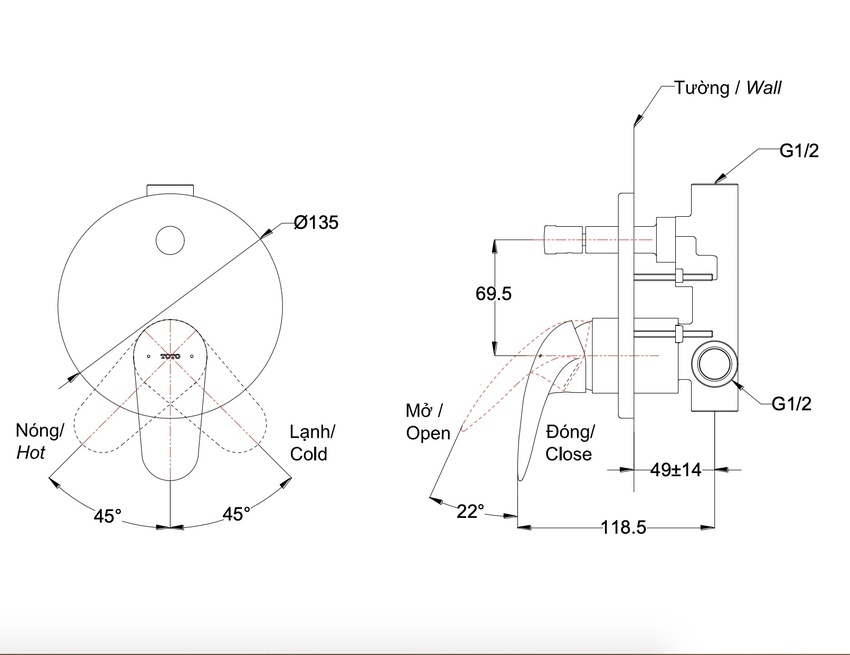 Van gật gù điều chỉnh nóng lạnh kèm nút chuyển hướng TOTO TBS03304B 13 Van gật gù TOTO TBS03304B Hình 4